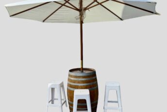 Rustic Umbrella barrel and stools Package