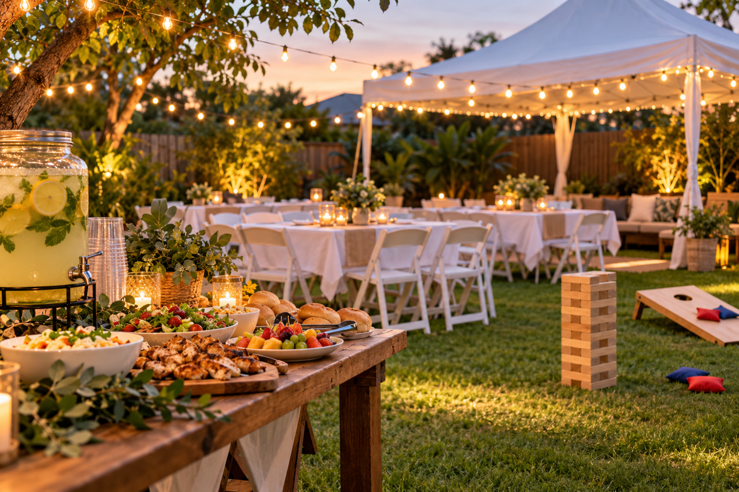 Backyard Garden Party at Dusk with budget furniture and equipment set uo.