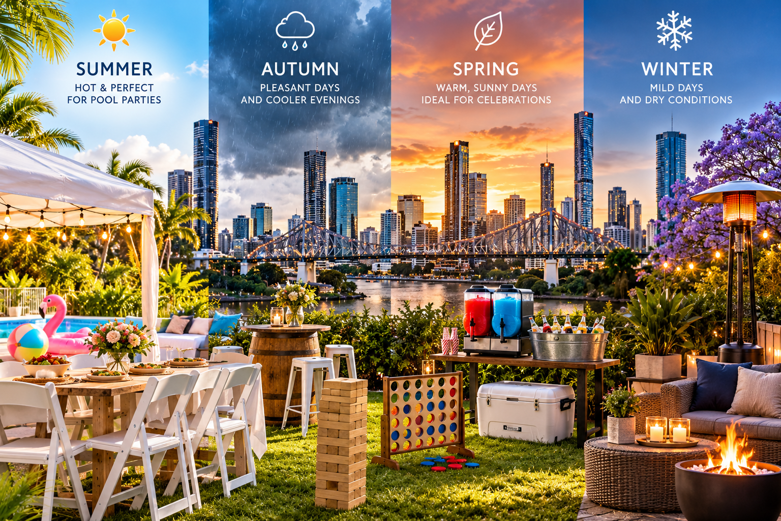 Image of party gear with Brisbane CBD and seasons lised.